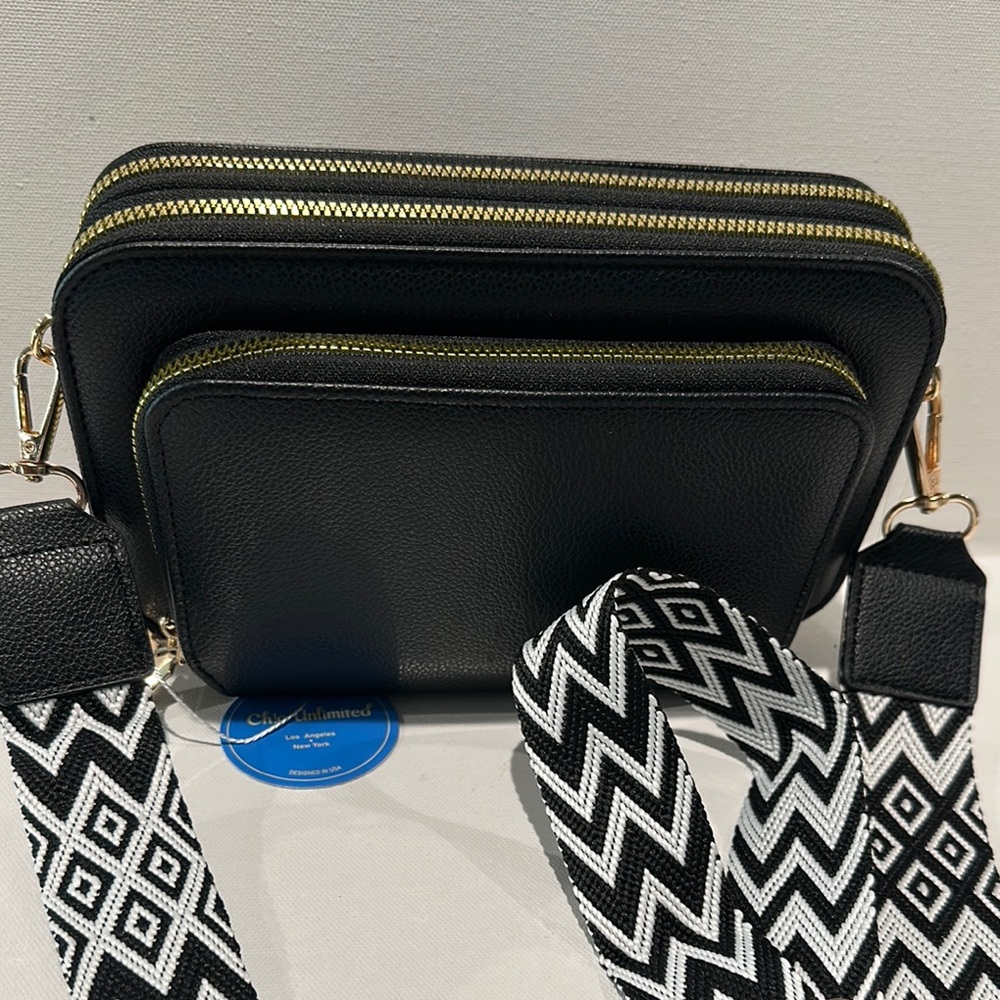 NWT Chic Unlimited Black Crossbody Three Compartment Bag w/B and W Guitar Strap.